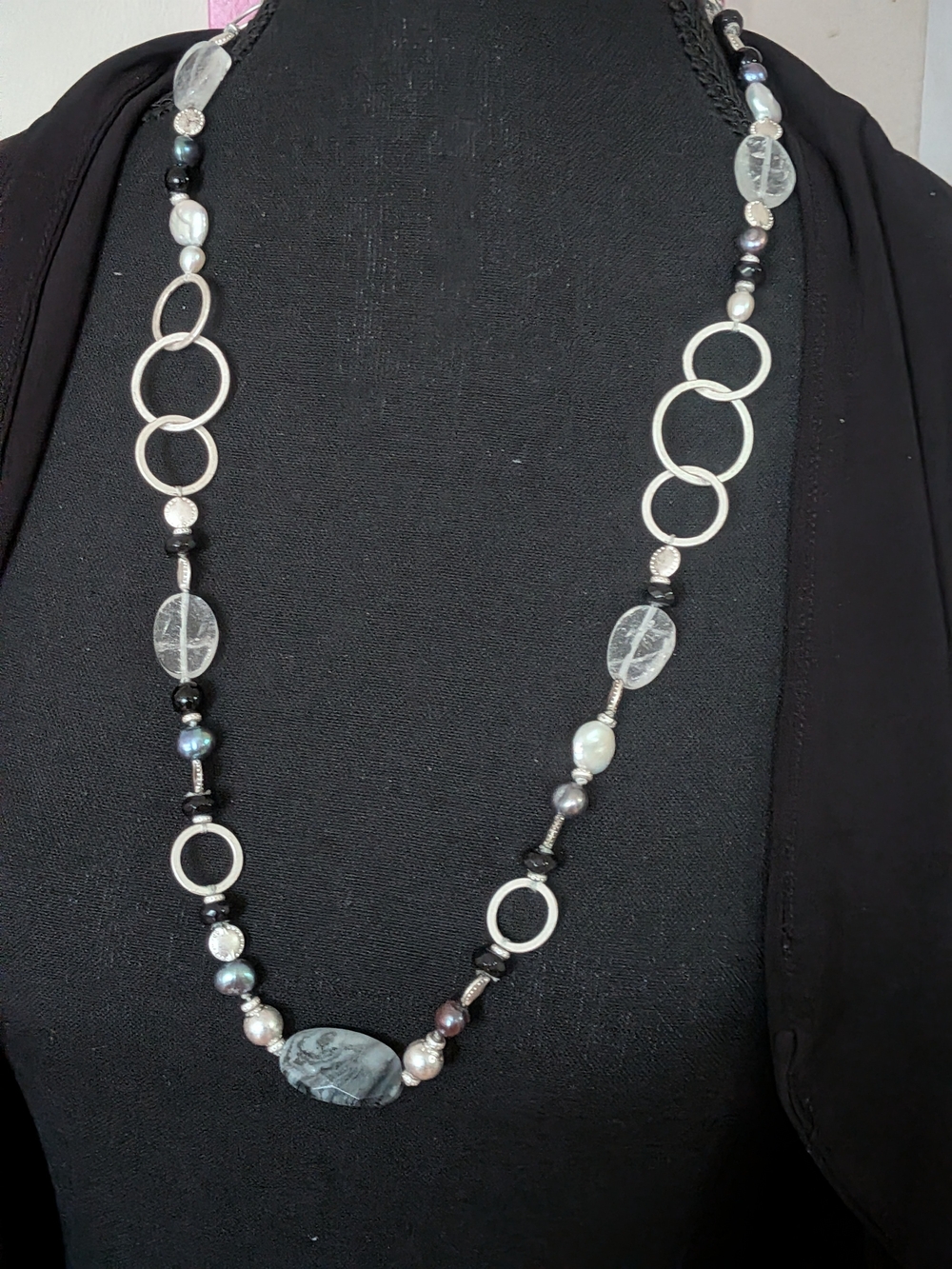 Stella & Dot Mixed Medium Station Necklace - Pearl, Quartz & Onyx